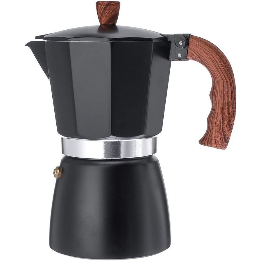 Moka pot Coffee Maker, Black, with Wooden style handle, Aluminium - 3 Cup
