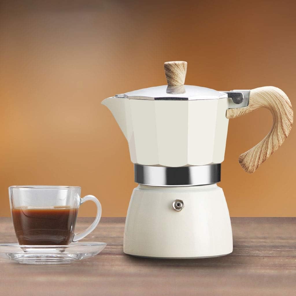 Moka pot Coffee Maker, Cream Color, with Wooden style handle, Aluminium - 3 Cup