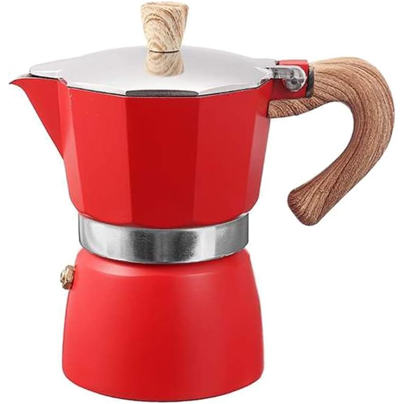 Moka pot Coffee Maker, Red Color, with Wooden style handle, Aluminium - 3 Cup