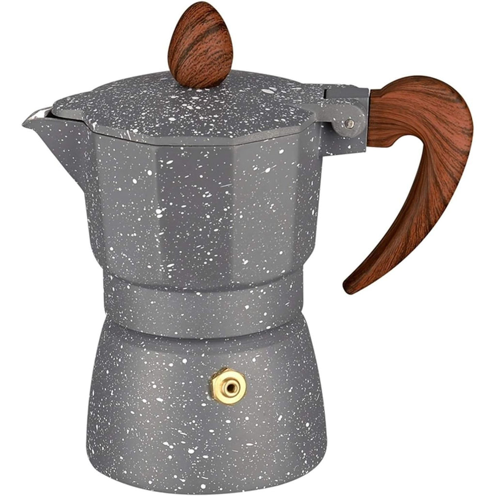 Moka pot Coffee Maker, Marble Paint Grey, with Wooden style handle, Aluminium - 3 Cup
