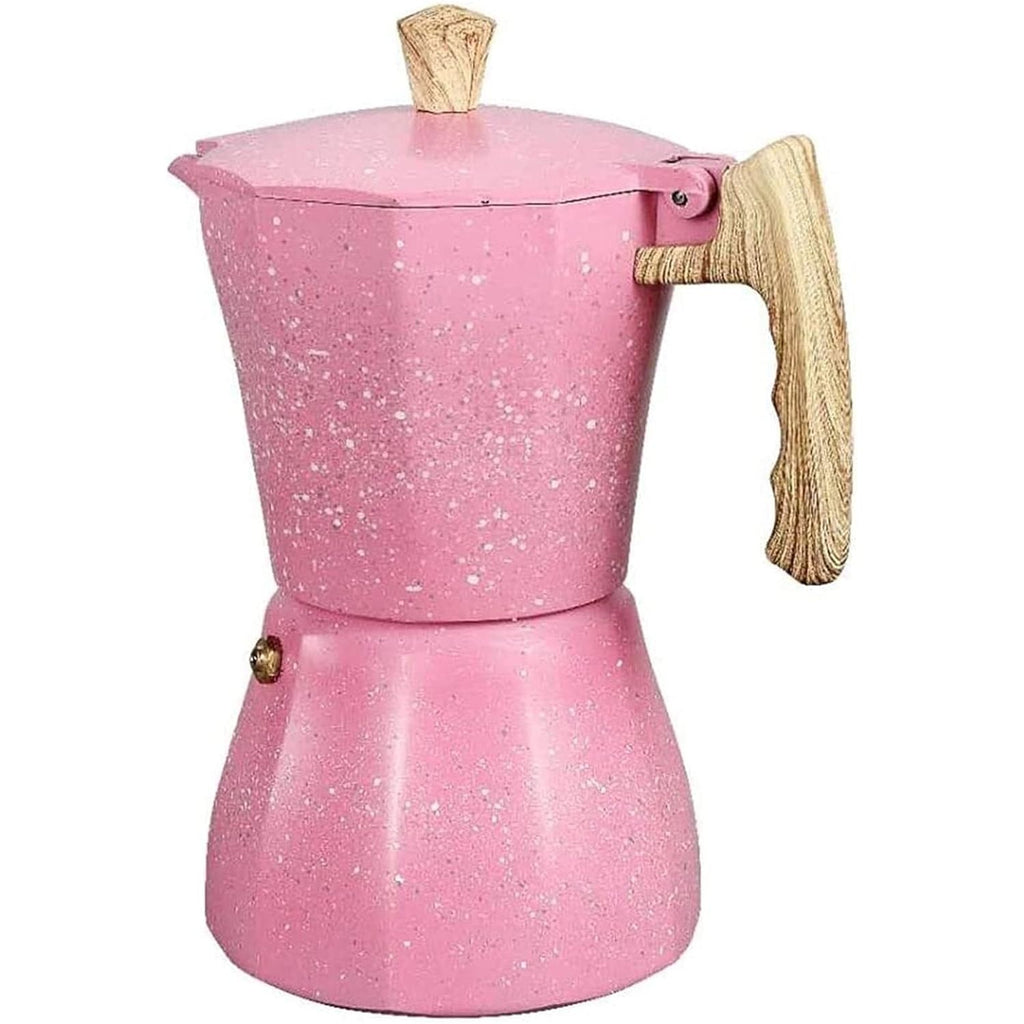 Moka pot Coffee Maker, Marble Paint Pink, with Wooden style handle, Aluminium - 3 Cup