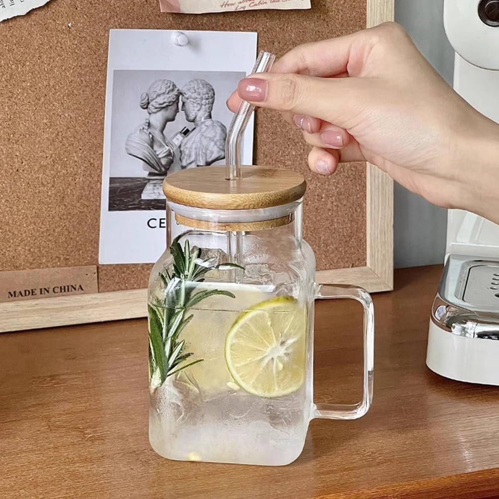 Glass Tumbler with Straw and Lid Ribbed Drinking Glasses Iced - 400ml