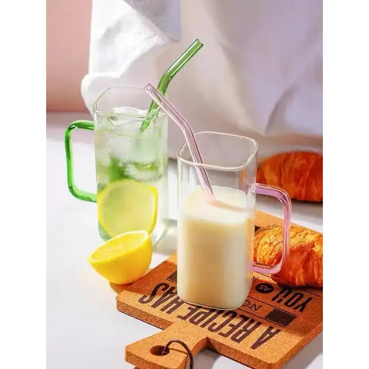 Square Shaped Glass Cup with colored handle and straw - 400ml