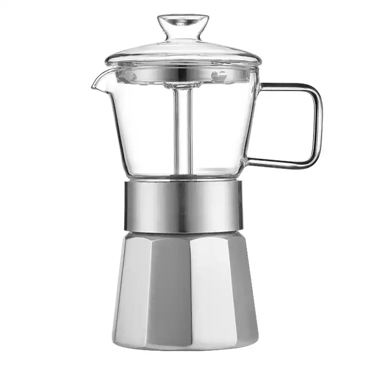 Glass and Aluminium Moka pot Coffee Maker - 240ml, 3 Cups