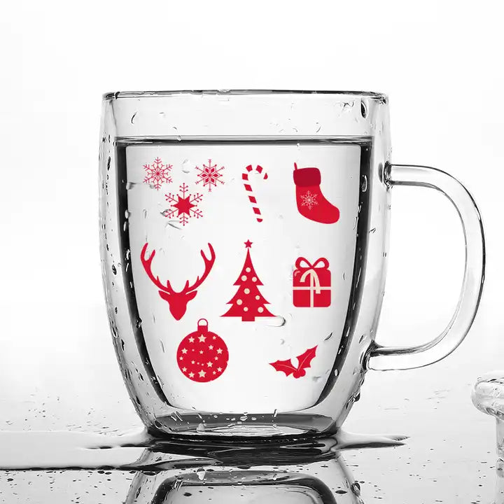 Winter Theme Double Wall Glass Coffee Cup with handle - 450ml