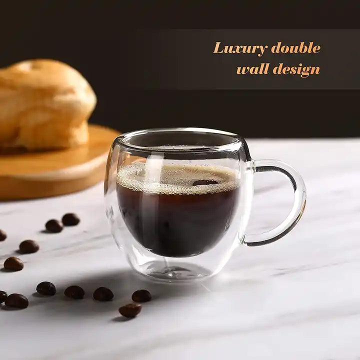 Double wall glass cup with handle, Espresso size - 80ml