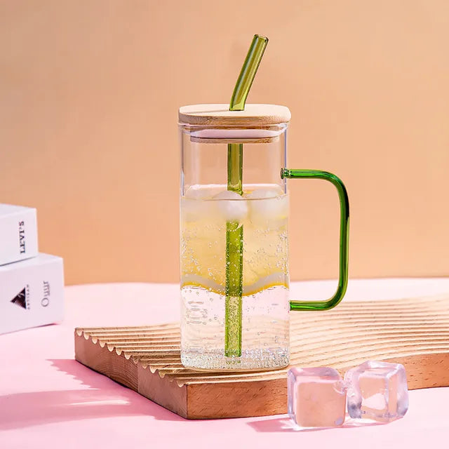 Square Shaped Glass Cup Colored handle with Lid and straw - 400ml