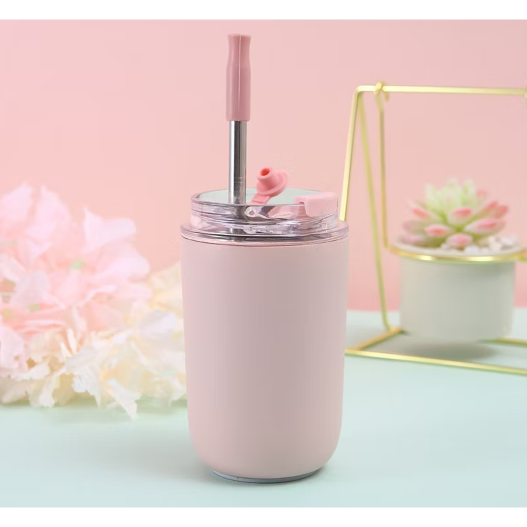 Insulated Coffee Tumbler with straw, Vacuum, Double wall, Stainless steel, Pink - 280ml