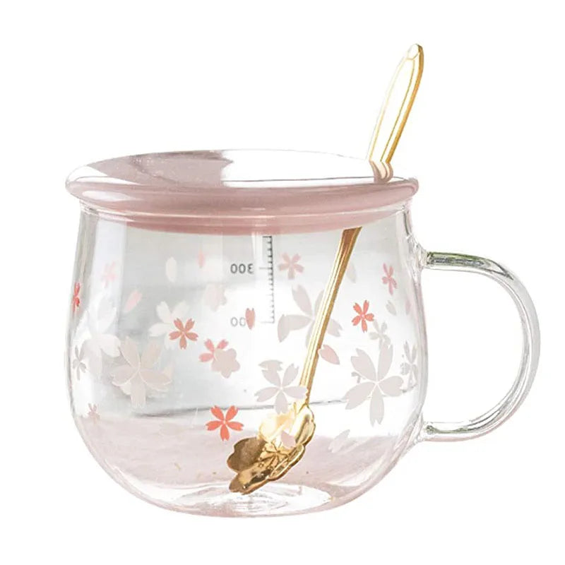 Sakura Glass Coffee Mug With Spoon&Ceramic Lid - 400ml