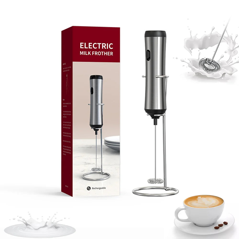 Handheld Milk frother with Stand, USB Rechargeable - Silver