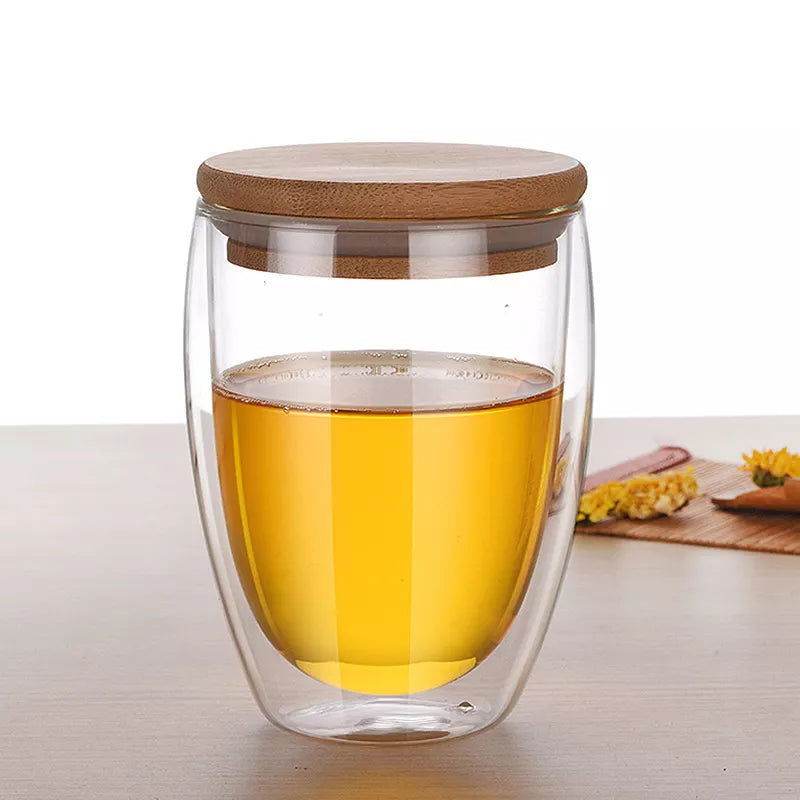 High borosilicate Double wall glass cup - Cappuccino with Bamboo Lid (350ml)