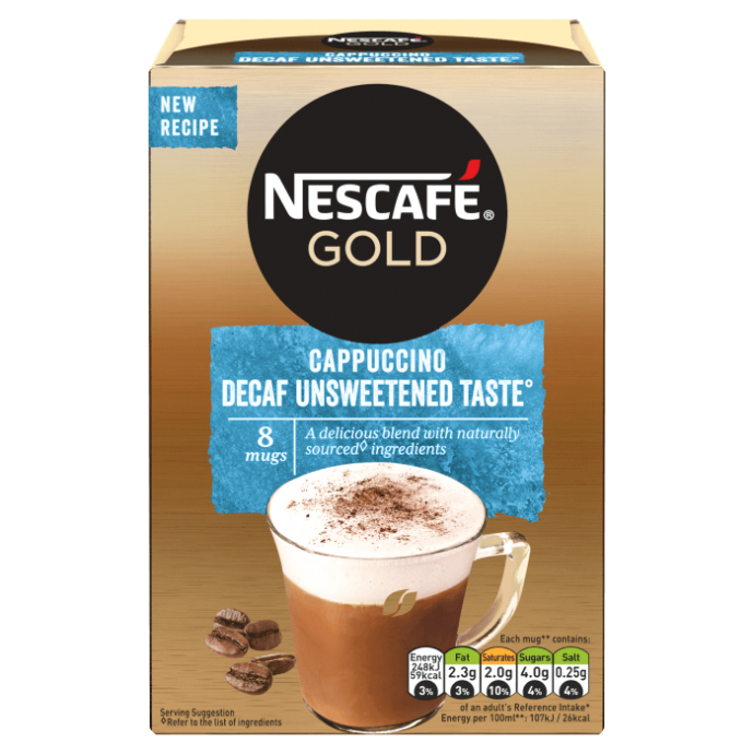 Nescafe Gold Cappuccino Decaf Unsweetened Taste Instant Coffee (8 mugs)