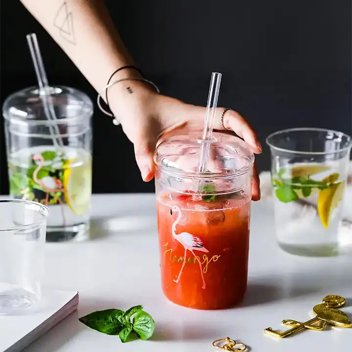 Glass Cup with Glass Lid and Straw, Flamingo printed - 500ml