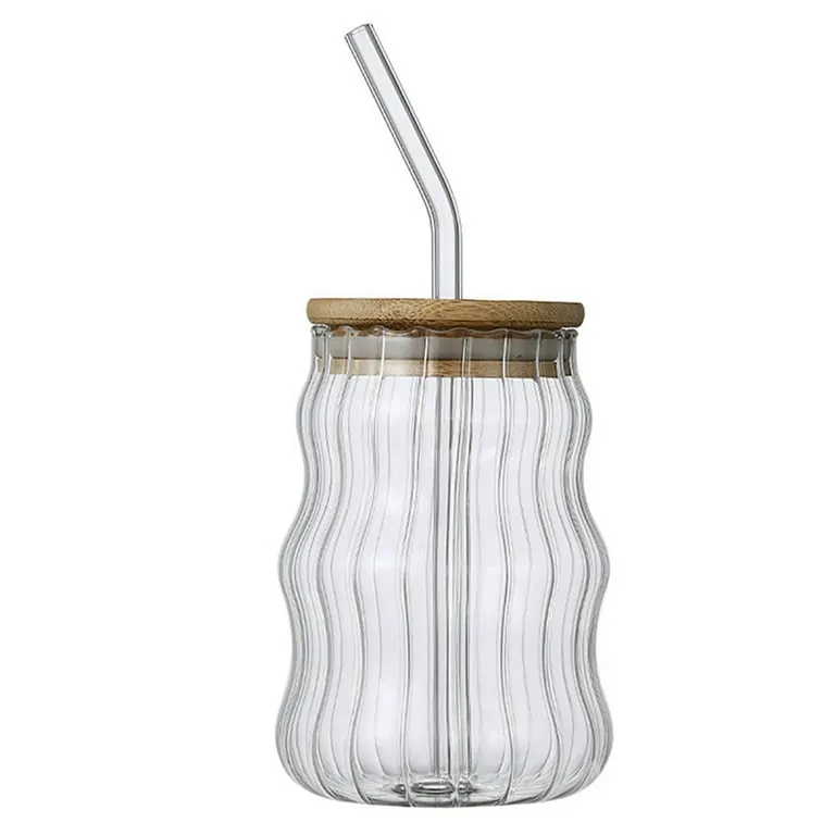 Glass Tumbler Stripe Vintage Drinking Glass Cup Coffee Cup With Lid and Straw- 450ml
