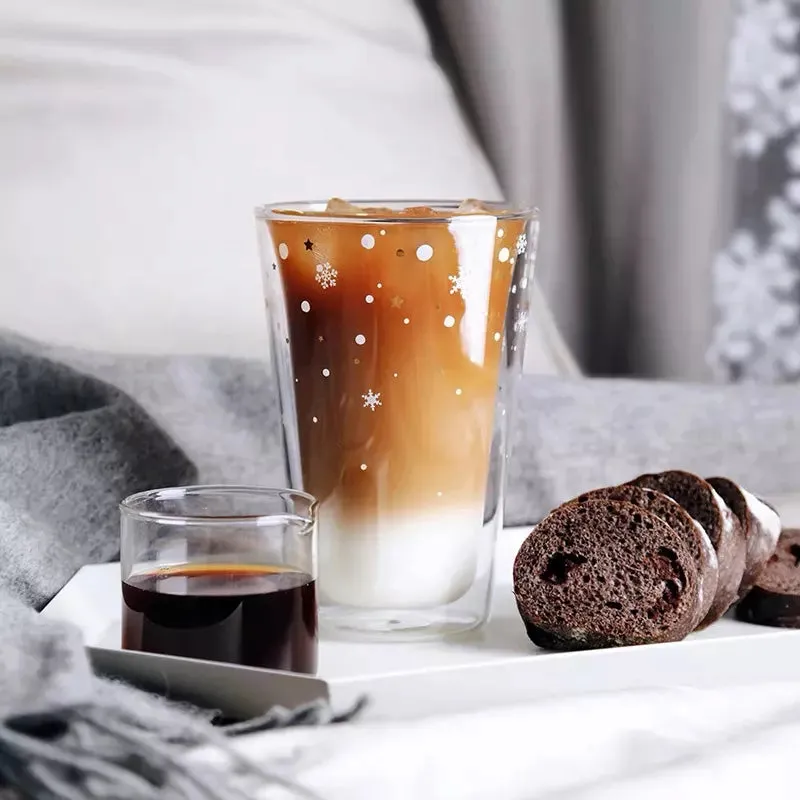 [DGS-SNW-001] High borosilicate Double wall glass cup - Latte Snow & Stars printed (450ml)