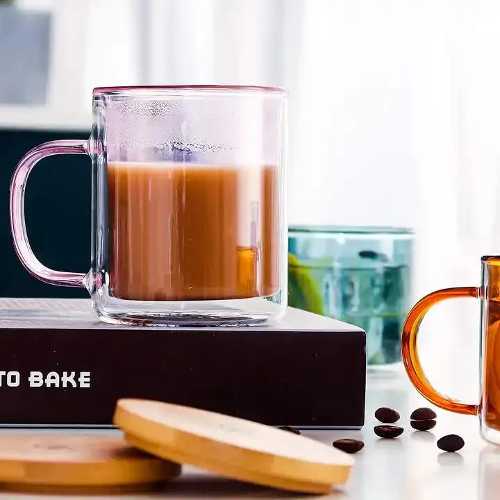 [EL-035-DGS] Pink Colored Double Wall Glass Coffee Cup with handle - 300ml