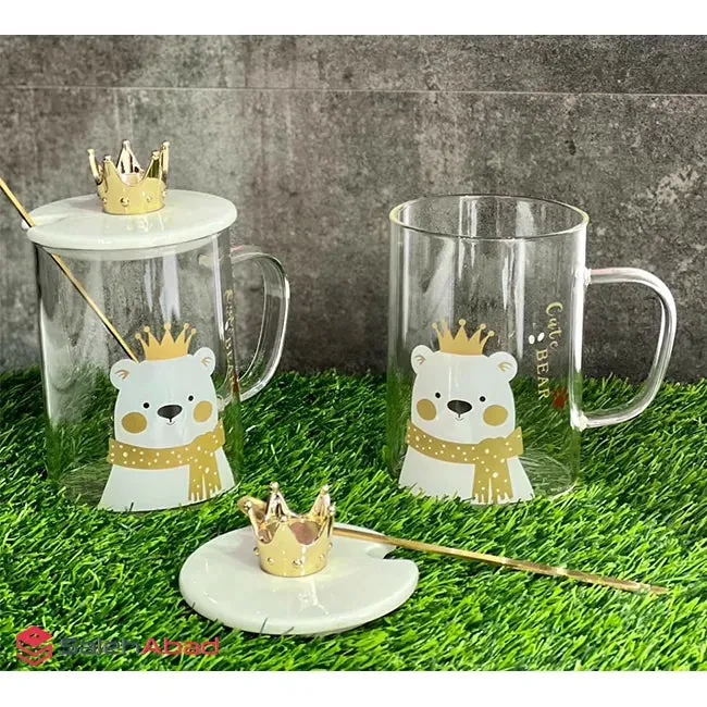 [EL-037-DGS] Polar Bear Glass Coffee Mug With Crown Ceramic Lid - 450ml