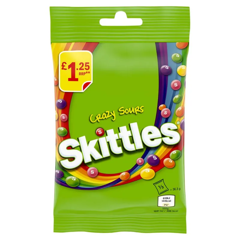 Skittles Crazy Sour Sweets Fruit Flavoured Treat Bag -136g