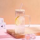 Square Shaped Glass Cup Colored handle with Lid and straw - 400ml