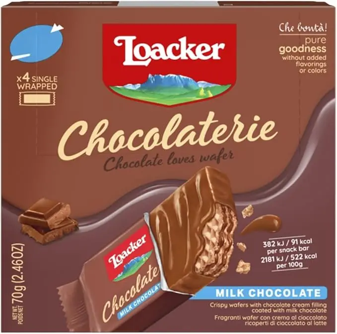 Loacker Wafer Biscuits,Box of Milk Chocolate Biscuits (Pack of 4 x Individually Wrapped Bars)-70g