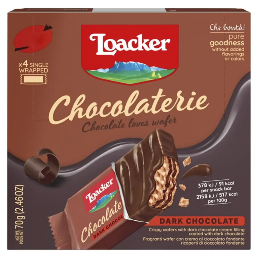 Loacker Wafer Biscuits,Box of Dark Chocolate Biscuits (Pack of 4 x Individually Wrapped Bars)-70g