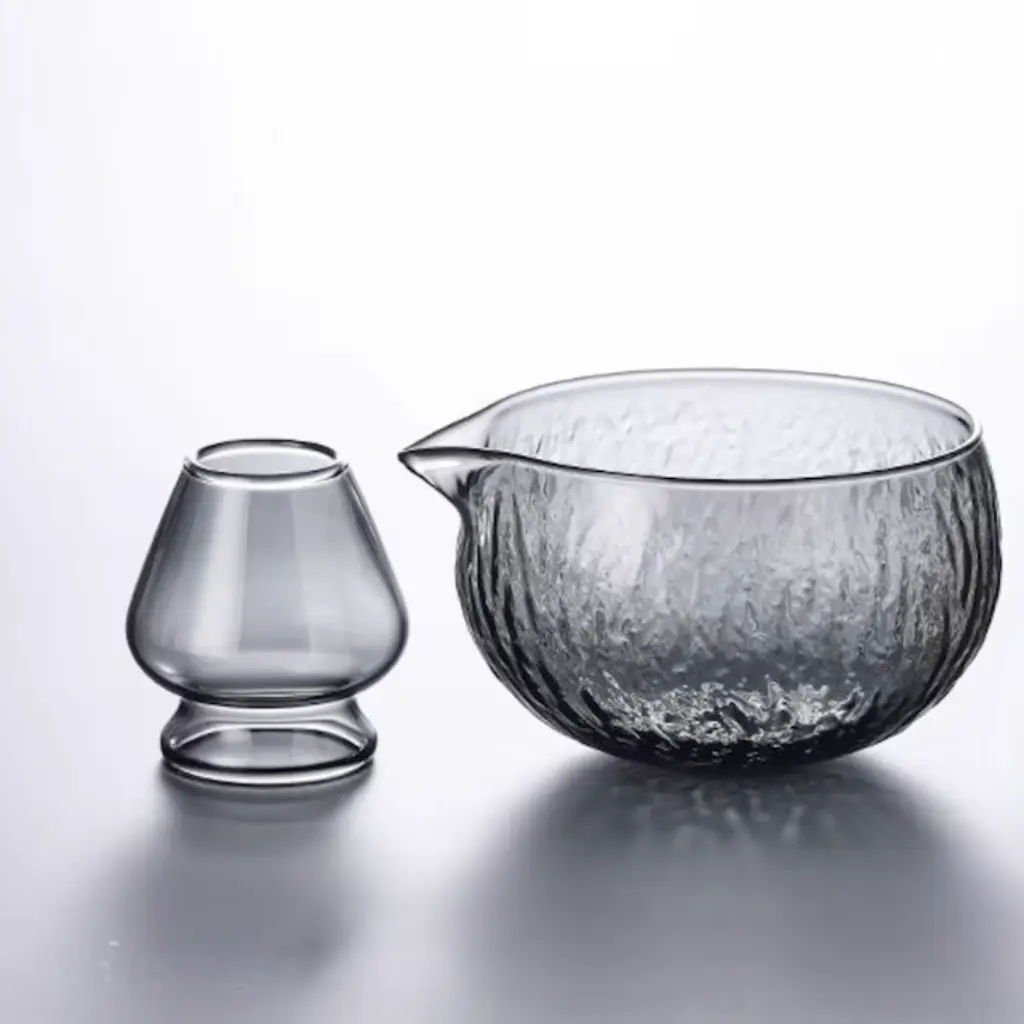 [MTCHST-07] Matcha Bowl And whisk Holder Set, Textured Glass - Black