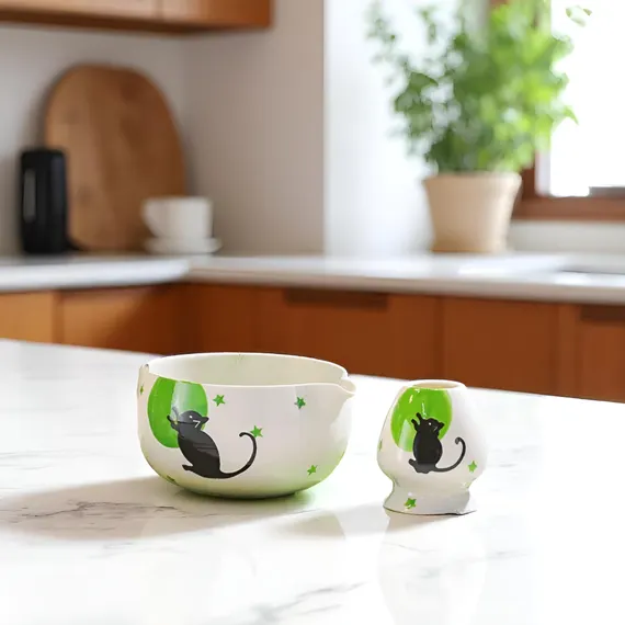 [MTCHST-14] Matcha Bowl And whisk Holder Set - Meow-tcha Green